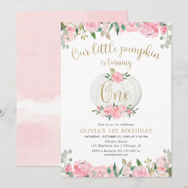Our little pumpkin pink gold floral 1st birthday invitation | Zazzle