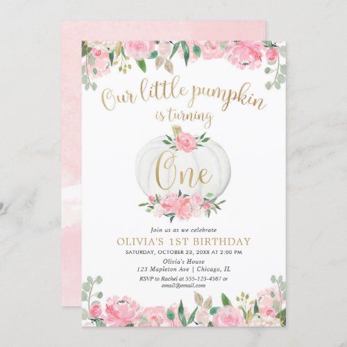 Our little pumpkin pink gold floral 1st birthday invitation