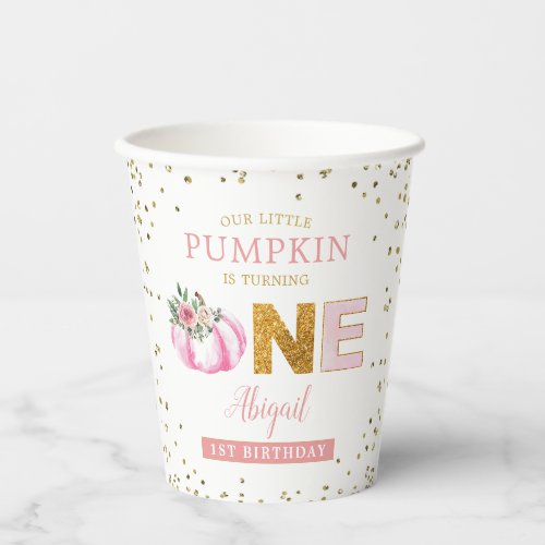 Our Little Pumpkin Pink Gold Floral 1st Birthday Paper Cups