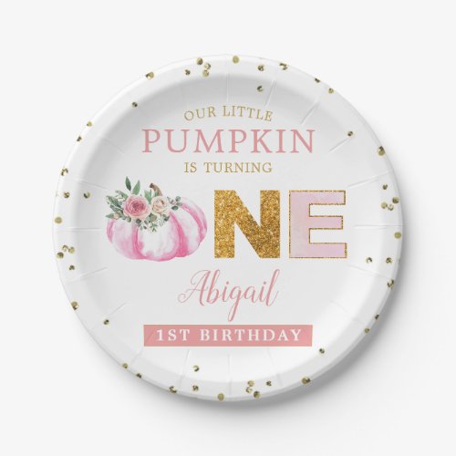 Our Little Pumpkin Pink Gold Floral 1st Birthday Paper Plates