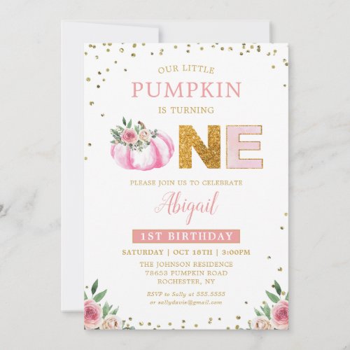 Our Little Pumpkin Pink Gold Floral First Birthday Invitation