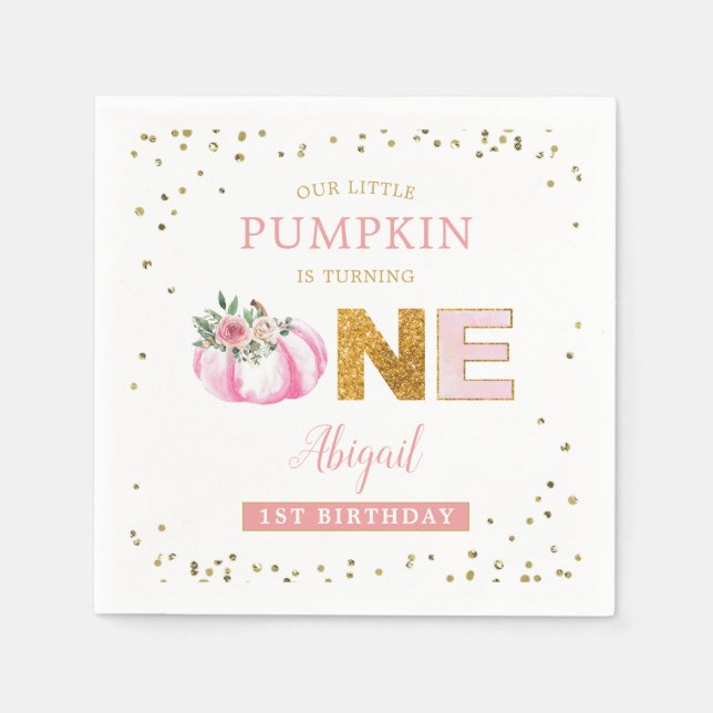 Our Little Pumpkin Pink Gold Floral First Birthday Napkins (Front)