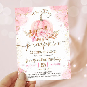 Our Little Pumpkin Pink Gold Girl 1st Birthday Invitation