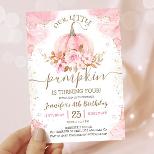 Our Little Pumpkin Pink Gold Girl 4th Birthday Invitation