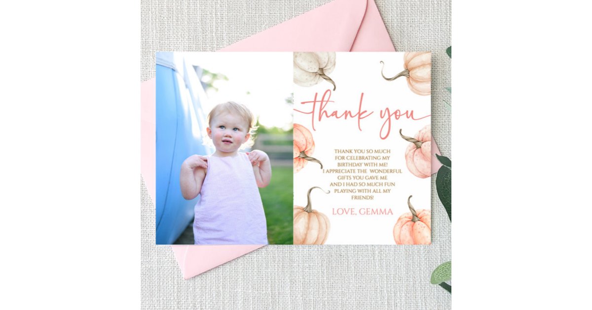 Our Little Pumpkin Pink Photo Birthday Party Thank You Card | Zazzle