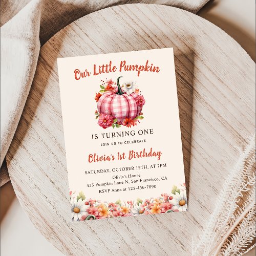 Our Little Pumpkin Pink Plaid Floral Birthday  Invitation