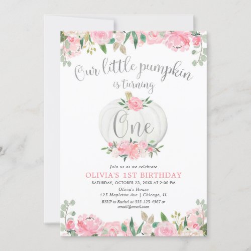 Our little pumpkin pink silver floral 1st birthday invitation