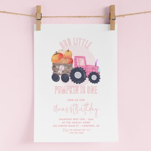 Our Little Pumpkin Pink Tractor  1st Birthday Invitation