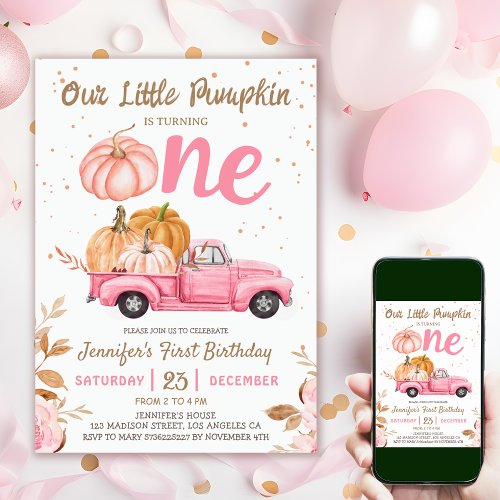 Our Little Pumpkin  Pink Truck Girl 1st Birthday Invitation