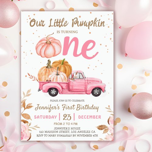 Our Little Pumpkin  Pink Truck Girl 1st Birthday Invitation