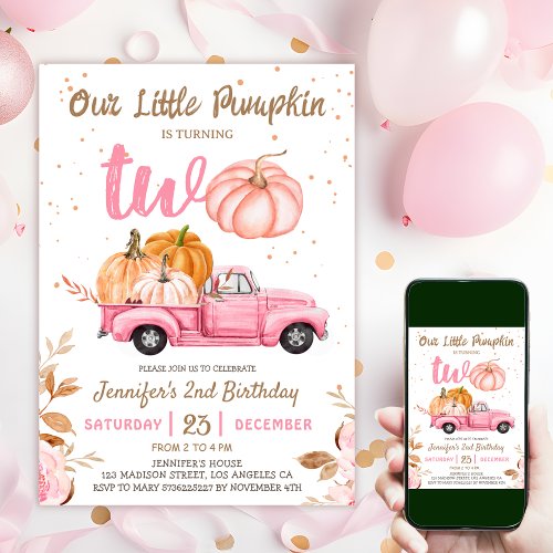 Our Little Pumpkin  Pink Truck Girl 2nd Birthday Invitation