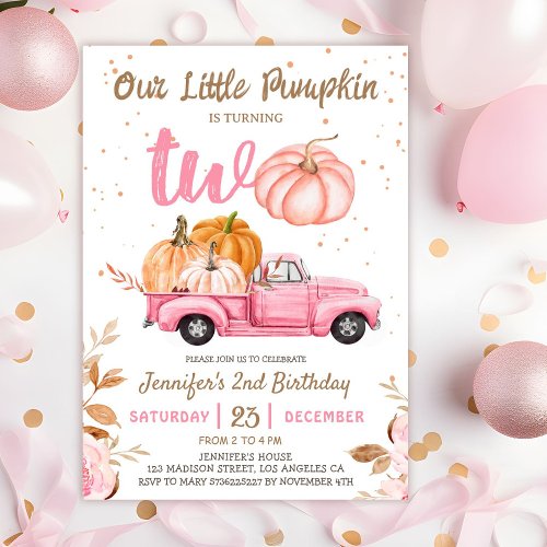 Our Little Pumpkin  Pink Truck Girl 2nd Birthday Invitation