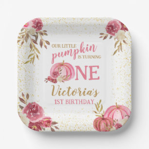 OUR LITTLE PUMPKIN PINK WATERCOLOR 1ST BIRTHDAY PAPER PLATES
