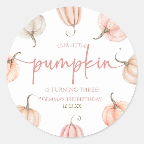 Our Little Pumpkin Pink White Fall Birthday Party Classic Round Sticker