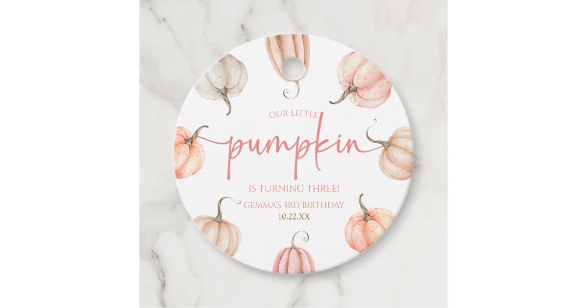Our Little Pumpkin Pink White Fall Birthday Party Favor Tags | Zazzle