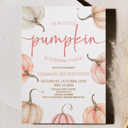 Our Little Pumpkin Pink White Fall Birthday Party Invitation