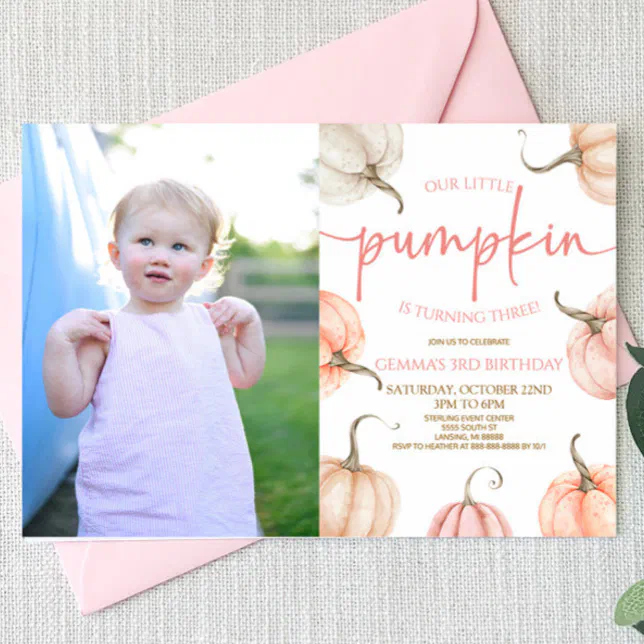 Our Little Pumpkin Pink White Fall Birthday Party Invitation | Zazzle