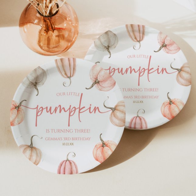 Our Little Pumpkin Pink White Fall Birthday Party Paper Plates (Creator Uploaded)