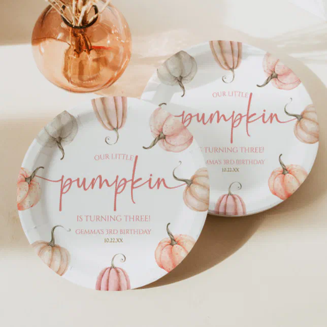 Our Little Pumpkin Pink White Fall Birthday Party Paper Plates | Zazzle