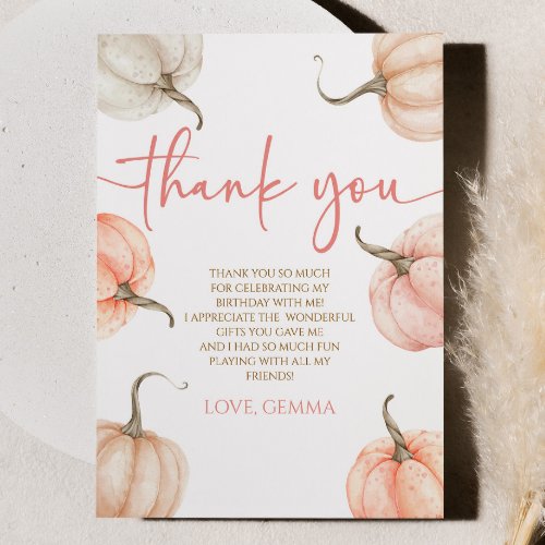 Our Little Pumpkin Pink White Fall Birthday Party Thank You Card