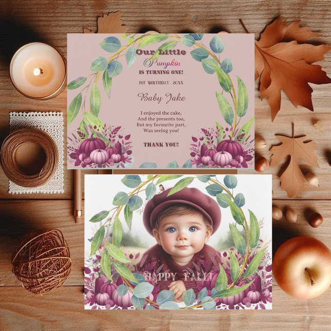 Our Little Pumpkin Purple 1st Birthday Fall Wreath Thank You Card (Our Little Pumpkin Purple 1st Birthday Fall Wreath Thank You Card)