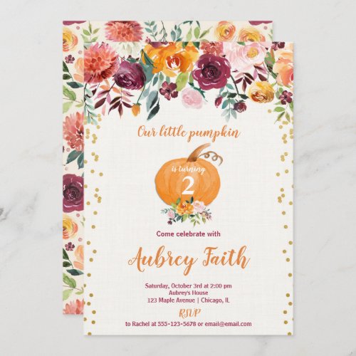 Our little pumpkin rustic burgundy floral birthday invitation