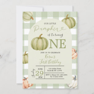 Our Little Pumpkin Sage Gingham 1st Birthday Invitation