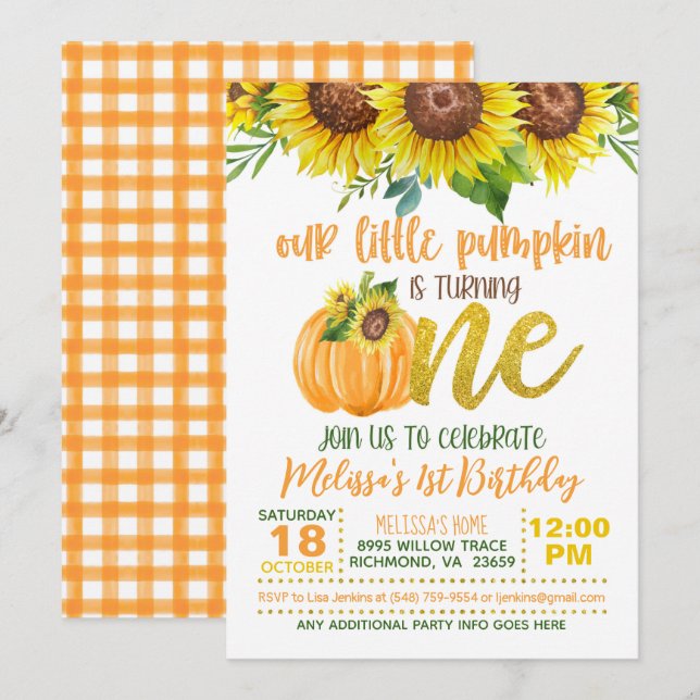 Our Little Pumpkin (Sunflower) is turning ONE  Invitation (Front/Back)