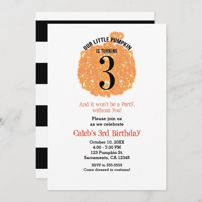 Our Little Pumpkin THREE 3rd Birthday Party Invitation (Front/Back)