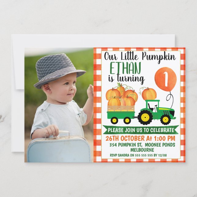 Our Little Pumpkin Tractor 1st Birthday Invitation (Front)