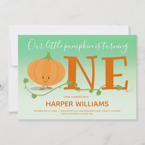 Our Little Pumpkin Turning One 1st Birthday Green Invitation
