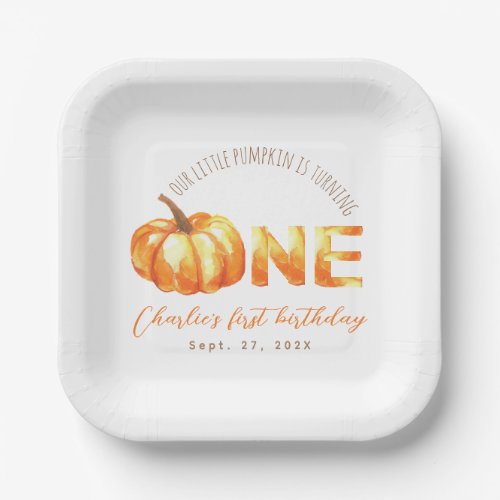 Our Little Pumpkin Watercolor First Birthday Party Paper Plates