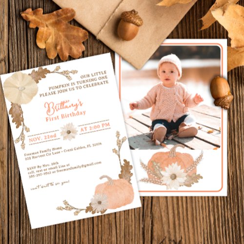 Our Little Pumpkin Watercolor Photo Birthday  Invitation