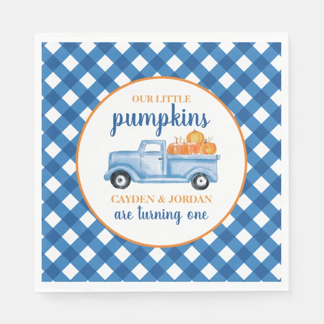 Our Little Pumpkins blue truck twin 1st birthday Napkins (Front)
