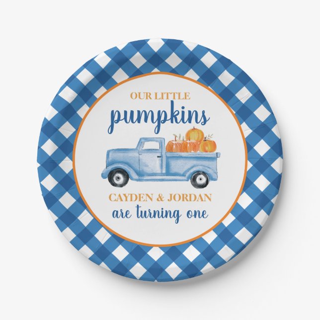 Our Little Pumpkins blue truck twin 1st birthday Paper Plates (Front)