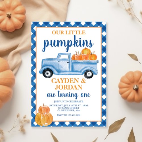 Our Little Pumpkins Twins Twin Blue truck Birthday Invitation