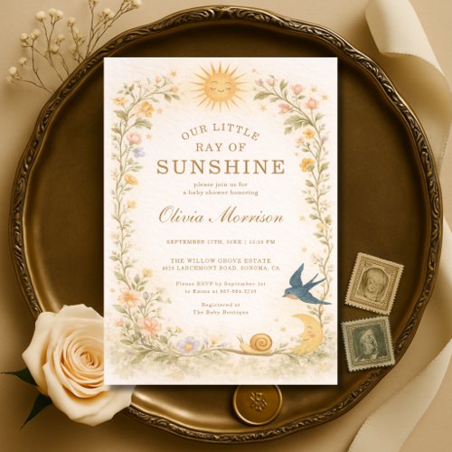 Little Ray of Sunshine Yellow Watercolor baby shower invitation
