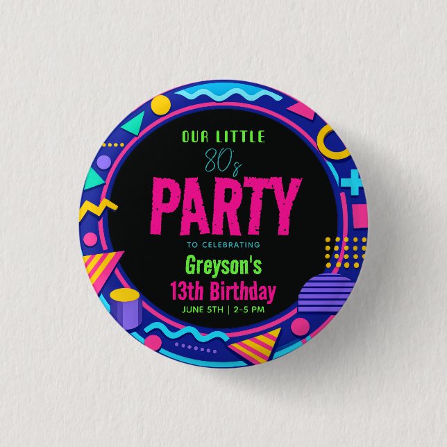 our little Retro Neon 80's Birthday Party Button (Front)