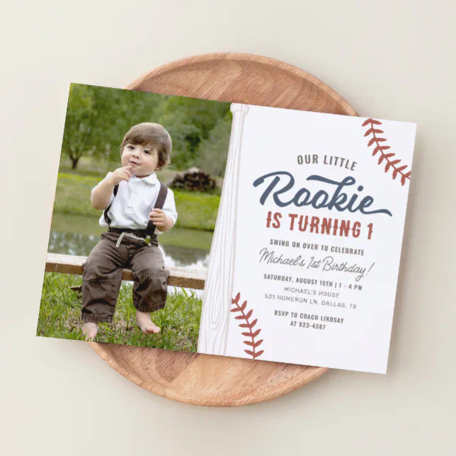 Our Little Rookie Baseball 1st Birthday Photo Invitation | Zazzle