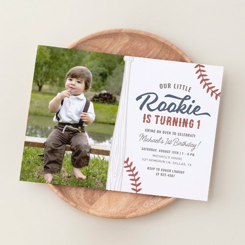 Our Little Rookie Baseball 1st Birthday Photo Invitation
