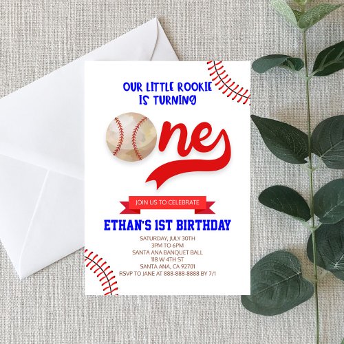 Our Little Rookie Baseball ONE 1st Birthday Party  Invitation