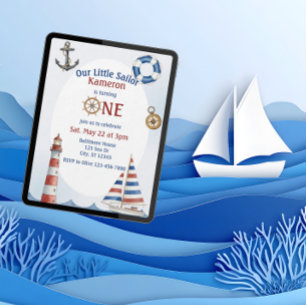 Our Little Sailor, 1st Birthday, watercolor Invitation