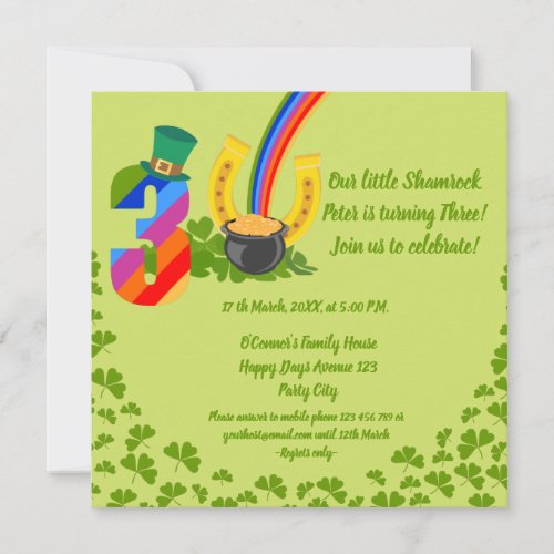 Our little shamrock is turning Three Party Invitation