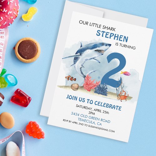 Our Little Shark Birthday with Age Watercolor Sea Invitation