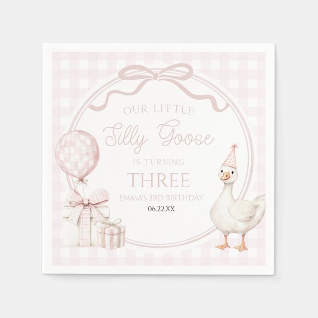 Our Little Silly Goose Pink Bow Birthday Party Napkins (Front)