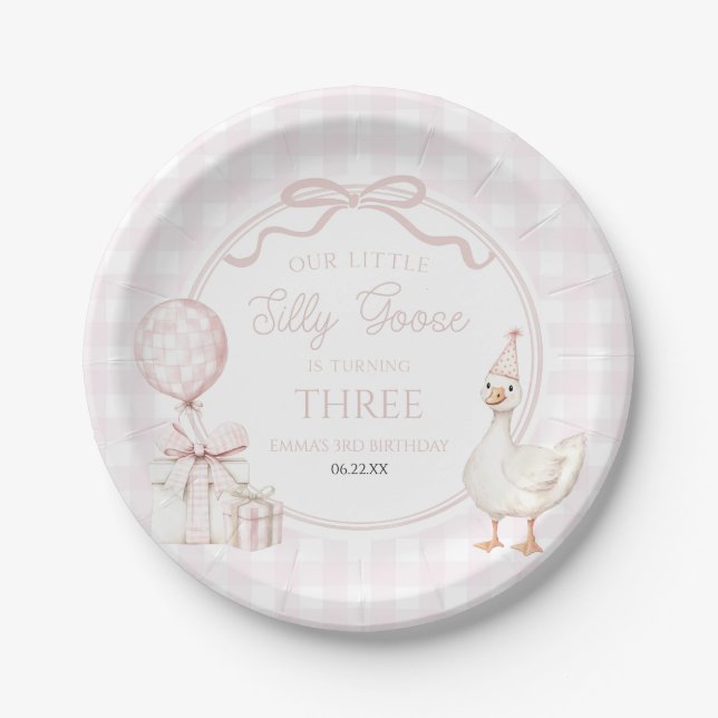 Our Little Silly Goose Pink Bow Birthday Party Paper Plates (Front)