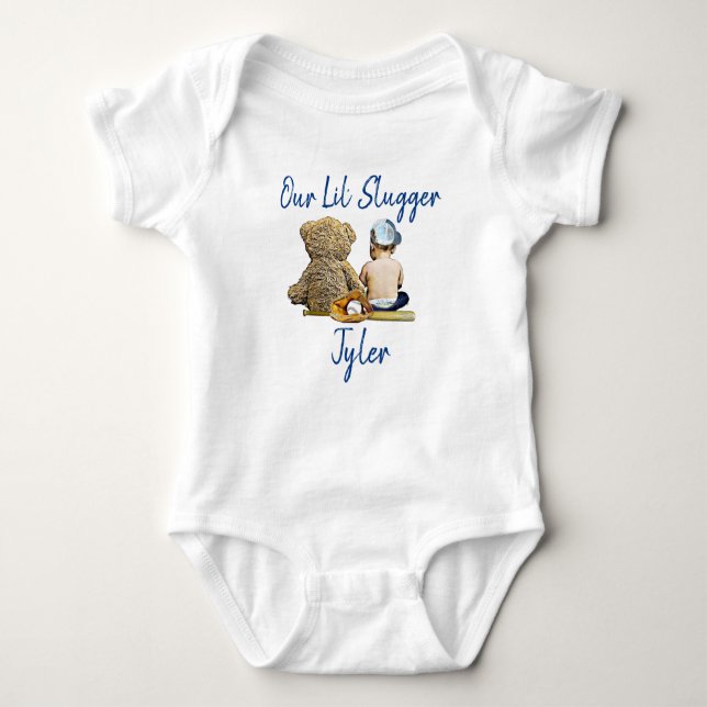 Our Little Slugger Personalized Baby Boy Baby Bodysuit (Front)