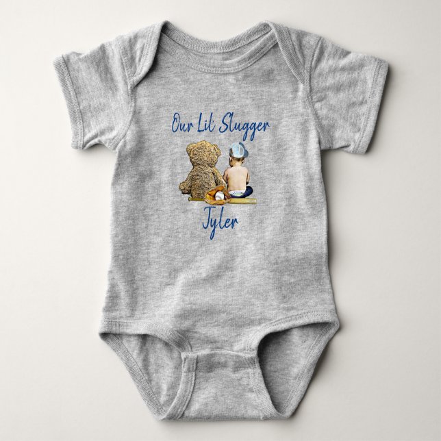 Our Little Slugger Personalized Baby Boy Baby Bodysuit (Front)