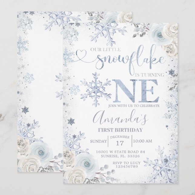 Our Little Snowflake Birthday Pastel Floral Invitation (Front/Back)
