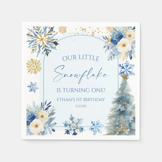 Our Little Snowflake Blue Winter Birthday Party Napkins (Front)